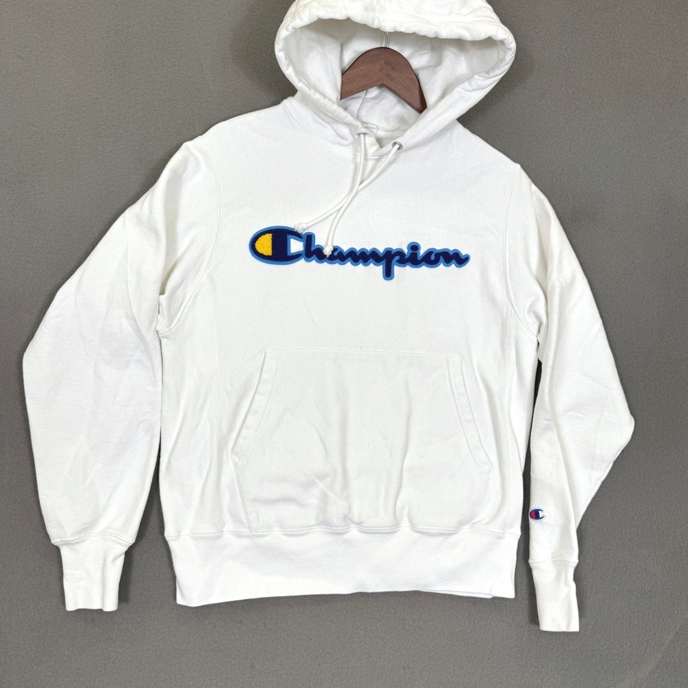 Vintage Champion Reverse Weave Hoodie Men S White Chenille Script Pullover